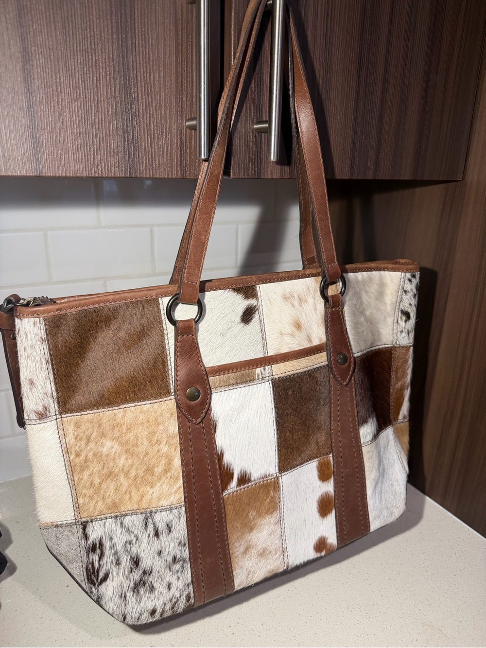 Frye Melissa Shopper Haircalf Patchwork Leather Zip Shoulder Tote Bag Western